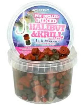 BAIT TECH PRE DRILLED MIXED HALIBUT AND KRILL PELLETS.