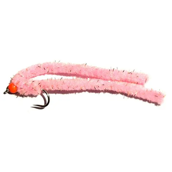 Shimmy worm Pink Coral /Orange bead .#10 barbless GF chenille shim37
